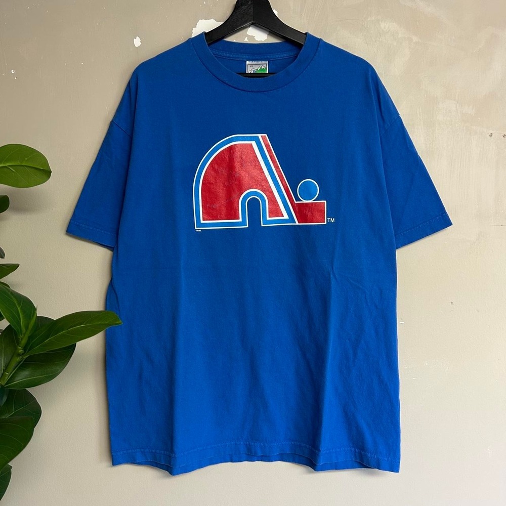 Vintage 90s Quebec Nordiques NHL Hockey Shirt Waves Blue Mens XL